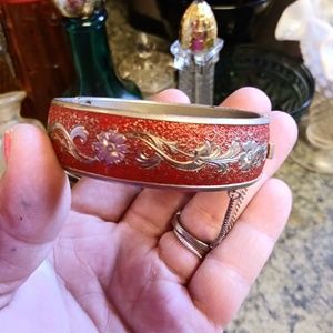 Vintage RedEnamel and Silver Filigree Bracelet